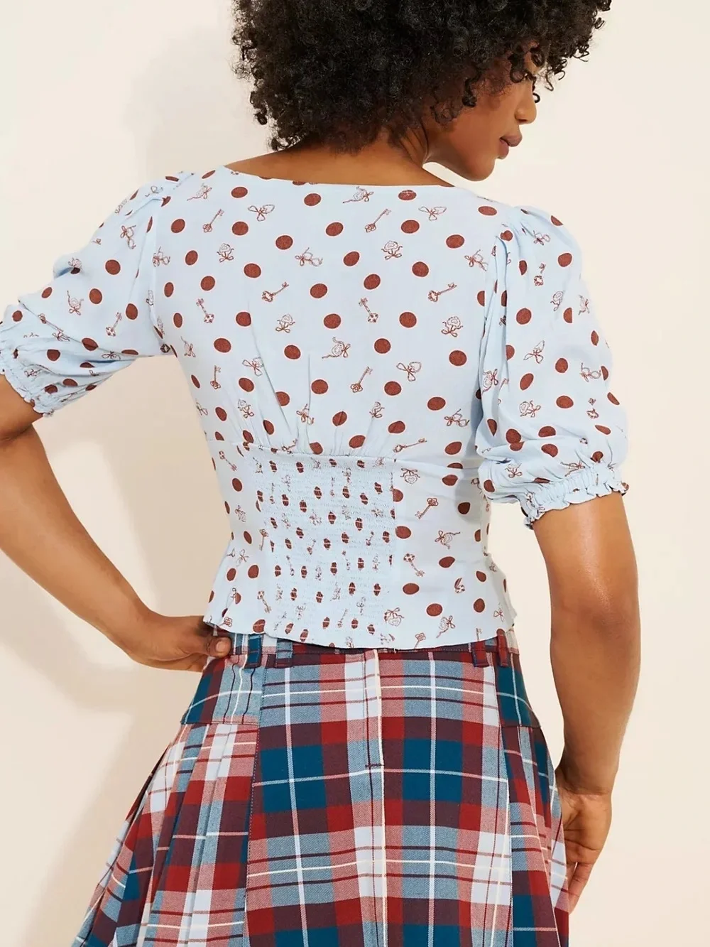 Free People Light Blue Polka Dot Puff Sleeve Tie-Front Corset Top